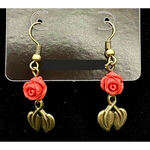 Handmade Bronze Tone Leaves & Red Rose Bead Earrings by Neanie-Bot